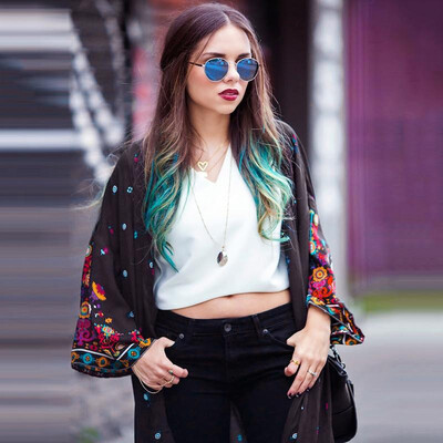 

Boho Women Chiffon Beach Kimono Floral Print Long Sleeve Loose Thin Gown Bikini Cover Up Cardigan