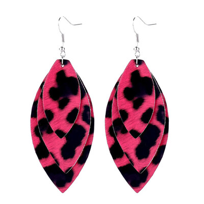 

Women Leopard Triple Layer Leaf Shape Faux Leather Long Dangle Hook Earrings