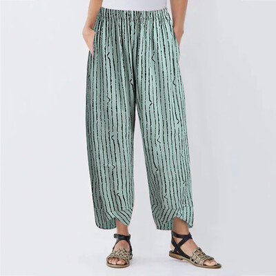 

Tailored Women Casual Stripe Cotton Linen Pant Loose Trousers Elastic Band Straight Pants
