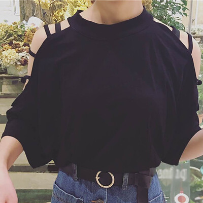 

Womens O-Neck Hollow Out Cold Shoulder Half Sleeve T-Shirt Solid Harajuku Style Cotton Blend Tops