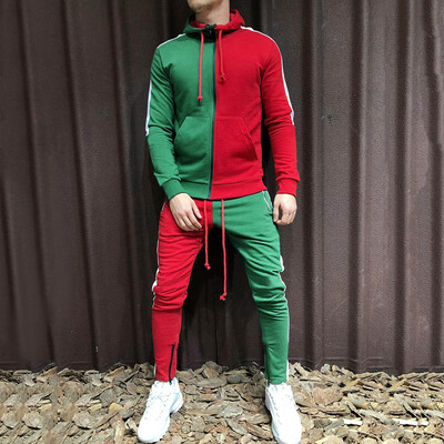 

Toponeto Mens Autumn Patchwork Zipper Sweatshirt Top Pants Sets Sports Suit Tracksuit