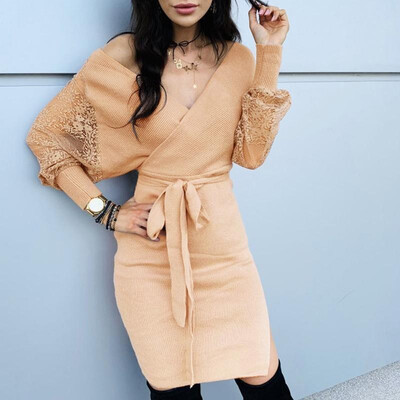 

Sexy Women Autumn Ribbed Knitted Dress Solid Color Deep V Neck Lace Mesh Long Sleeve Bandage Bodycon Party Midi Dress Khaki