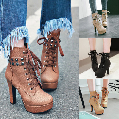 

Rose Womens Round Toe Lace Up Ankle Buckle Chunky High Heel Platform Knight Boots