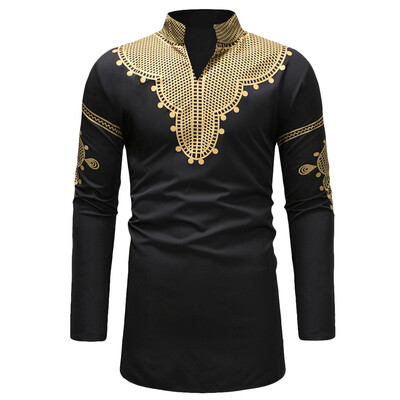 

Male Casual Style Long Sleeve Stand V Neck Printing Men Shirt