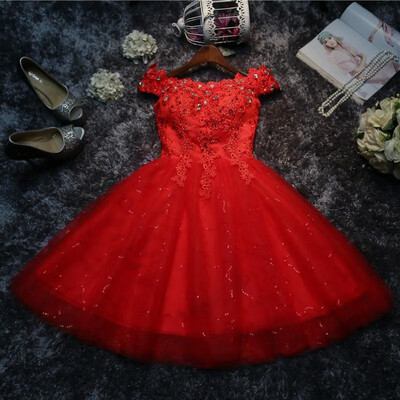 

New Arrival Red Applique Short Evening Dress Sexy Boat Neck Party Prom Dress Off The Shoulder Lace Up Bridesmaid Gown