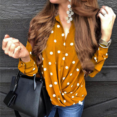 

2019 Autumn Women Fashion Dot Suit Button Lapel Long sleeve Shirt