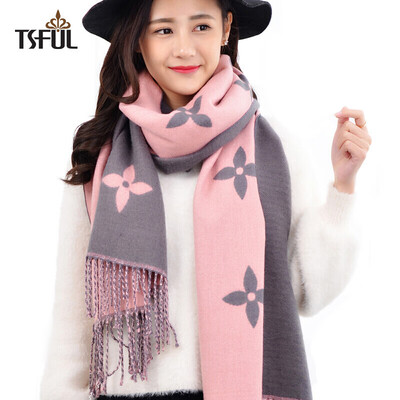 

Tsful scarf female winter shawl dual-use thick scarf Korean long section warm fashion student big scarf TS632WJB fine four-leaf clover - pink
