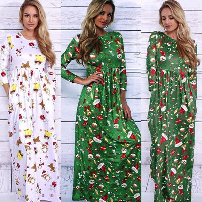 

Plus size Women Long Sleeve Xmas Gift Print Christmas Holiday Evening Party Maxi Dress