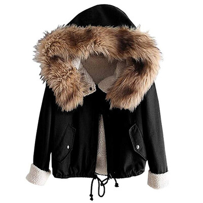 

Toponeto Women Winter Fleece Long Sleeve Cotton Hooded Short Warm Zip Pocket Jacket Coat