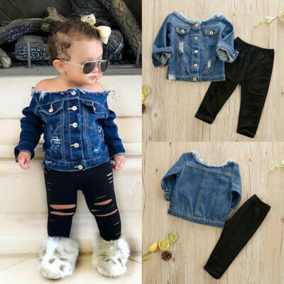 

NEW Sweet Toddler Kids Baby Girl Denim Jacket Off Shoulder Tops Pants Clothes
