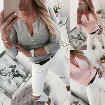 

UK Fashion Women Blouse T Shirt V Neck Long Sleeve Tight Tee Casual Slim Tops