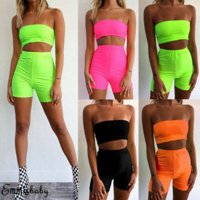 

UK Women 2PCS Crop Top Shorts Co ord Set Vest Bra Shorts Tracksuit Sport Set