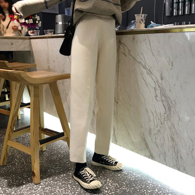 

Autumn Winter Knitted High Waist Casual Pants Loose Solid Straight Femme Trousers