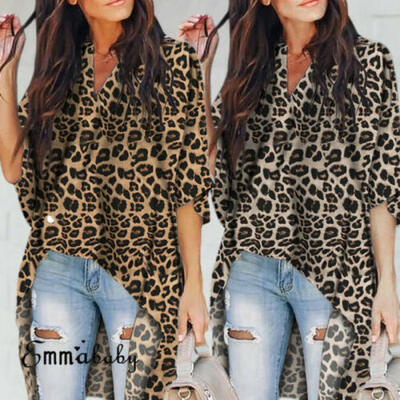 

AU Women V Neck Plus Size Leopard Print Long Sleeve Loose T Shirt OL Tops Blouse
