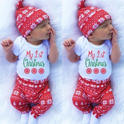 

3Pcs Christmas Newborn Baby Boys Girls Clothes Romper Pants Hat Warm Outfit Gift
