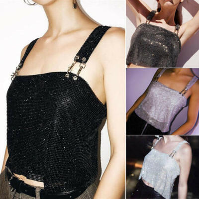 

UK Women Sexy Shiny Metal Chainmail Backless Cross Vest Tops Dresses Clubwear