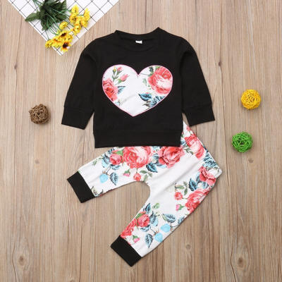 

Newborn Kids Baby Girls Love Tops T Shirts Clothes Floral Long Pants Outfit Tracksuit 0-24M