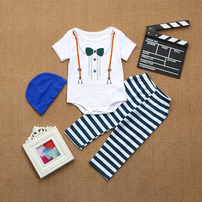 

Newborn Infant Baby Boy Romper TopsStriped Pants Hat Outfits Clothes Set