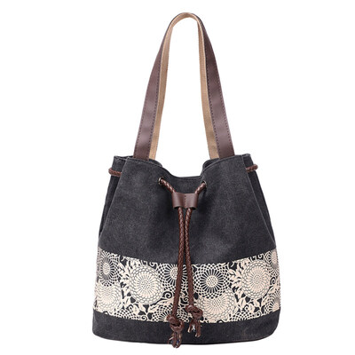 

Women Ethnic Flower Print Drawstring Canvas Shoulder Bag Handbag Shopping Tote