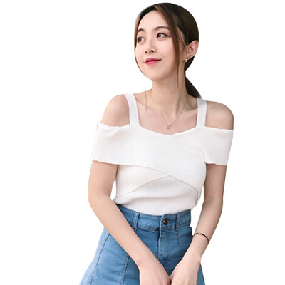 

Women Sexy Solid V Neck Sling Knitting T Shirt Cross Wrap Design Top Female Off Shoulder Slim T Shirt Women Tops