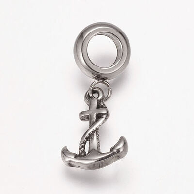 

304 Stainless Steel European Dangle Beads Large Hole Pendants Anchor Antique Silver 24mm Hole 5mm Pendant 14x10x2mm