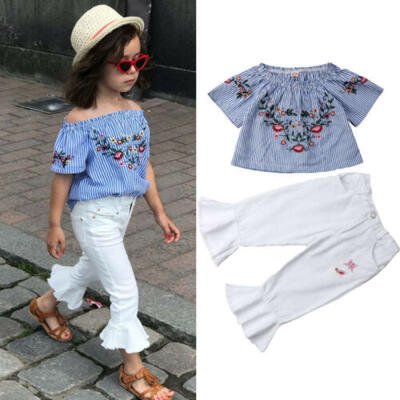 

Toddler Kid Baby Girl Embroidered Floral TopsBell Bottoms Pants Outfits Clothes