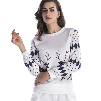 

Women Christmas Long Sleeve Plus Velvet Round Neck Sweatshirt Winter Fashion Casual Deer Printed Pullover 3 Colors