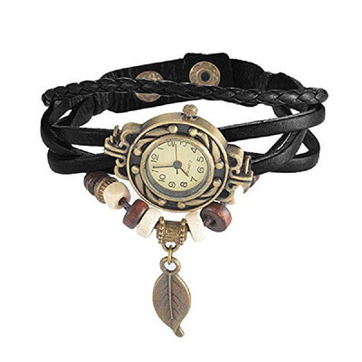 

Leaf Charm Lady Watch Bracelet Vintage PU Leather Strap Wristwatch Hand Knit Retro Quartz Analog Casual Watches
