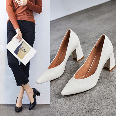 

Leather high heels womens new black white-collar professional thick with womens shoes pointed fo