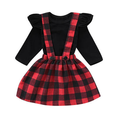 

2pcs Girls Long Sleeve T-Shirt Tops Plaid Sling Princess Dress Clothes Set
