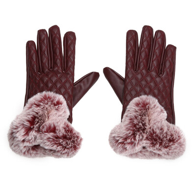

Women Rabbit Fur Ball PU Leather Gloves Winter Mitten Grid Gloves