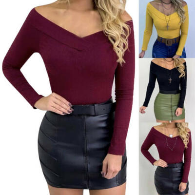 

Women Sexy V-Neck Slim Long Sleeve Tops Solid Romper Stretch Leotard Jumpsuit US