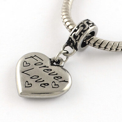 

Vintage Heart 316 Stainless Steel European Dangle Beads Large Hole Pendants with Word Forever Love Antique Silver 30mm