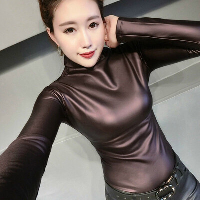 

4 Colors Ladies Polyurethane Leather Sexy High Neck Long Sleeve Casual Tops