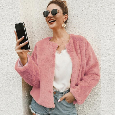 

Fashion Women Winter Fluffy Solid Color Coat Collarless O Neck Long Sleeve Concealed Buttons Faux Fur Thick Casual Jacket