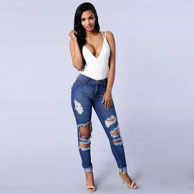 

New Sexy Women Ripped Jeans High Waist Holes Functional Pockets Destroyed Skinny Jeans Blue