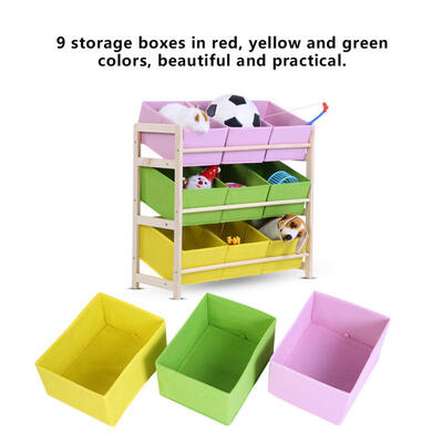 

Greensen 3-tier Baby Kids Toy Wooden Shelf Storage Rack Organizer Holder 9 Fabric Boxes Cases