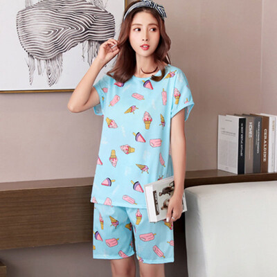 

8 Patterns Pajama Sets Women Cute Cartoon Print 2 Pieces Set Crop Top Shorts Elastic Waist Loose pyjamas Spring Summer