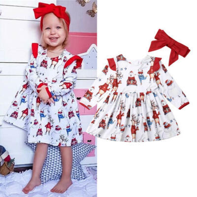 

US Christmas Kids Baby Girl Deer Dress Headband Casual Party XMAS Clothes Outfit
