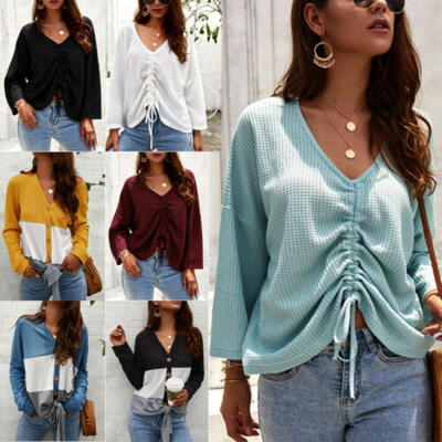 

US Womens Basic Soft Knit Drawstring Stretch V-Neck T-Shirt Tops Solid Colors