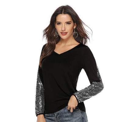 

T Shirt Femme Fashion 2019 Women Sequins T-shirts Spring Summer Casual Patchwork Long Sleeve Tshirt Casual Tops Tee Shirt Femme