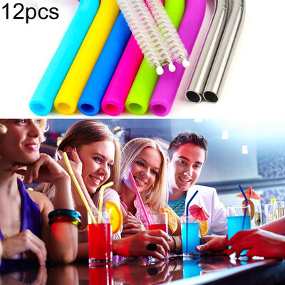 

12Pcs Reusable Cold Beverage Juice Drinking Straw Brush Bag Party Home Tableware