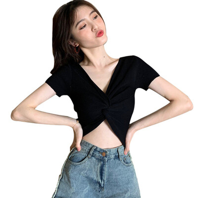

Summer Short Sleeve Crisscross Knitted Crop Top Women Casual V Neck Solid T Shirt Women Slim Tops Camisetas Mujer