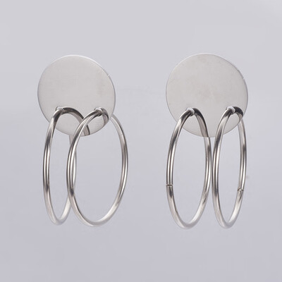 

304 Stainless Steel Dangle Stud Earrings Flat Round with Ring Stainless Steel Color 51x25x35mm Pin 08mm