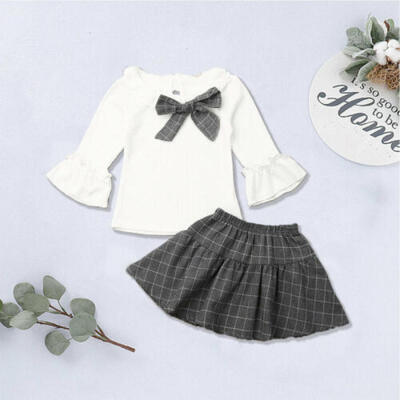 

US Sweet Baby Girl Flare Long Sleeve Top Plaid Skirt Dress Summer Cotton Clothes