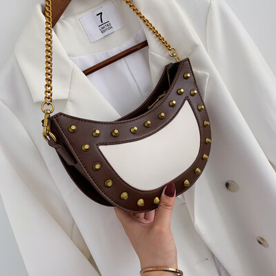 

2019 New Half Moon Shaped Women Rivet Chain Messenger Bag Shell Brand Design Lady Retro handbag Shoulder Crossbody Bag Bolso
