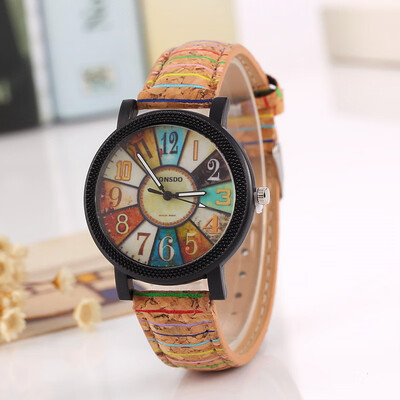 

Explosion models European&American flower surface wood grain turntable watch retro striped pattern leather watch