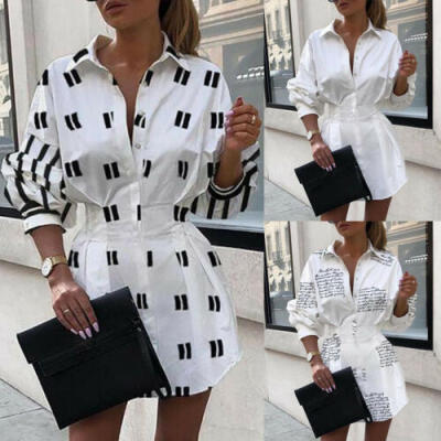 

Women Button Long Sleeve A-Line Swing Loose Tunic Top Blouse T-Shirt Dress