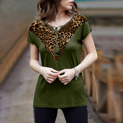 

Nomeni Women Summer Leopard O Neck Vest Tank Shirt Short Sleeve Casual Tops Blouse