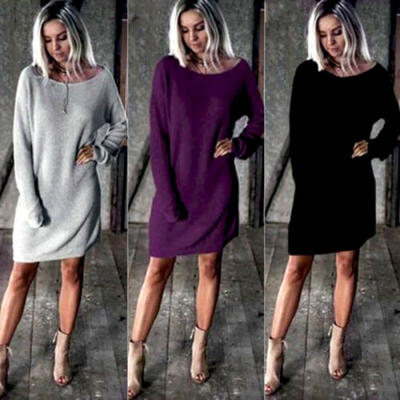 

Women Solid O-Neck Sweater Long Shirt Casual Long Sleeve Pullover Dress Winter